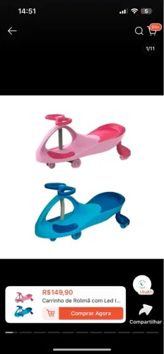 Carrinho de Rolimã com Led Infantil Luzes Menina Menino Até 100kg Rosa Azul
