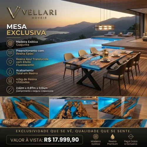 Mesa Exclusiva em Madeira Guajuvira e Resina Epóxi - Vellari Móveis