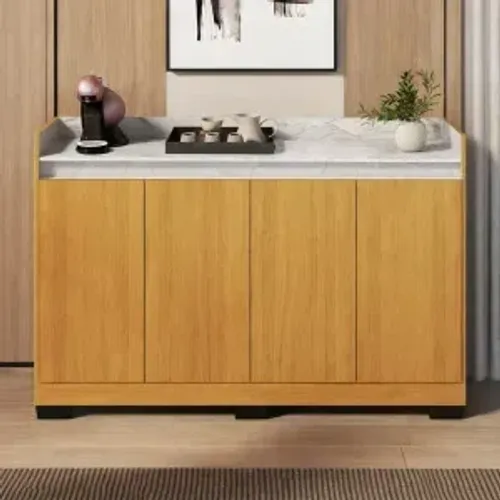 Buffet Real 4 Portas Marmorizado Mel/Marmore Branco (Frete Grátis)