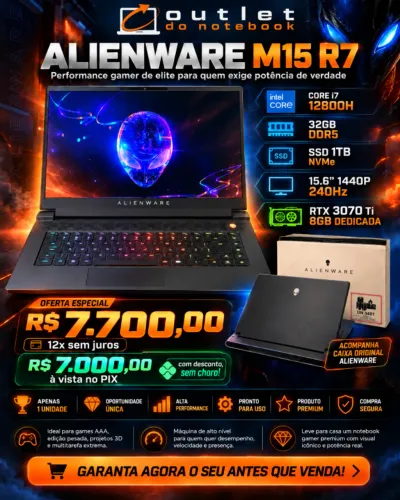 Notebook Alienware M15 R7 i7 12ª 32GB DDR5 | RTX 3070 Ti | 1TB - Edição, 3D e Programação