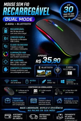 MOUSE SEM FIO RECARREGÁVEL DUAL MODE