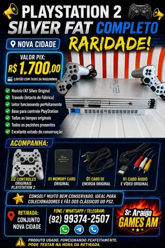 PlayStation 2 FAT Silver + 02 Controles [Nova Cidade]
