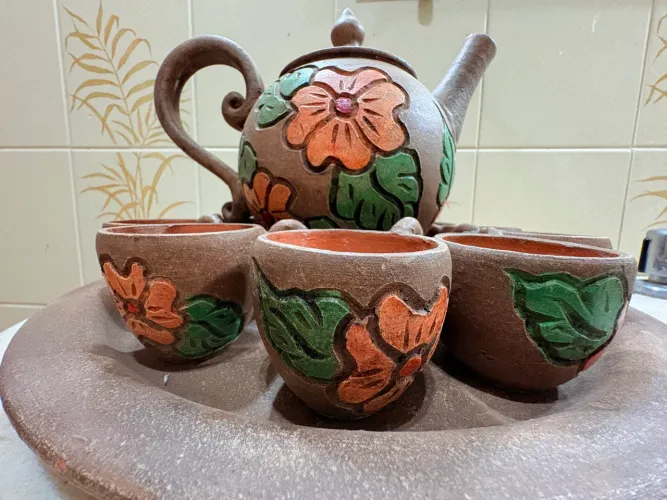 jogo de bule e xicaras de ceramica artesanal