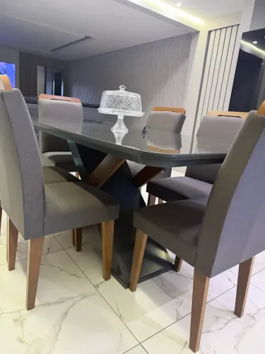 Mesa de Jantar 6 Lugares Tampo Vidro 1,80x0,90m + 6 Cadeiras Estofadas