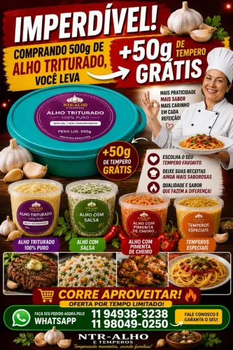 Alho 100% puro sem conservantes ideal para otimizar seu tempo na cozinha
