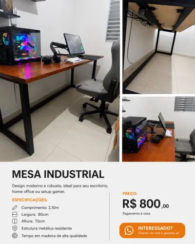 Mesa Industrial 2,10m x 80cm - Estrutura Metálica Reforçada