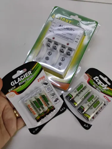 Kit Carregador de Pilhas + Pilhas Recarregáveis AA e AAA - Completo