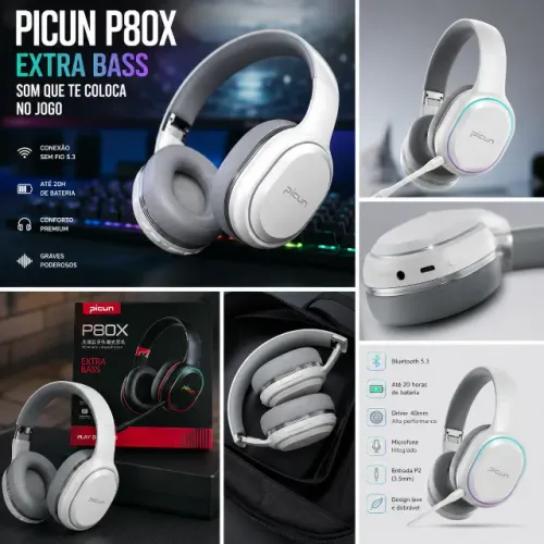 Headset Gamer Sem Fio Bluetooth Picun P80X Branco