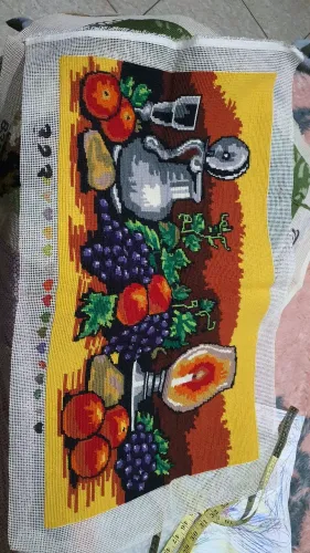 Tapeçaria artesanal ponto cruz talagarça motivo natureza morta frutas antiguidade