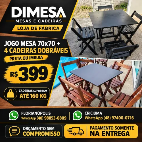 Jogo mesa 70x70 com 4 cadeiras dobráveis preta ou imbuia