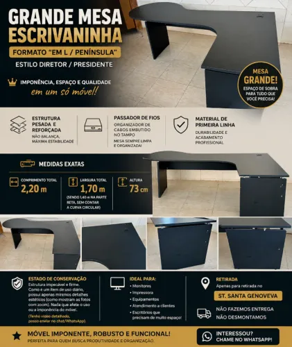 Grande Mesa de Escritório em L Diretor Presidente 2,20m Escrivaninha