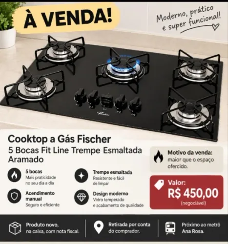 Cooktop NOVO FECHADO a Gás Fischer 5 Bocas Fit Line Trempe Esmaltada Aramado