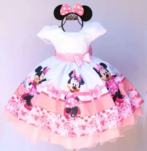Vestido Minnie Rosa Festa Acompanha Tiara De Orelhinha Tamanho 6