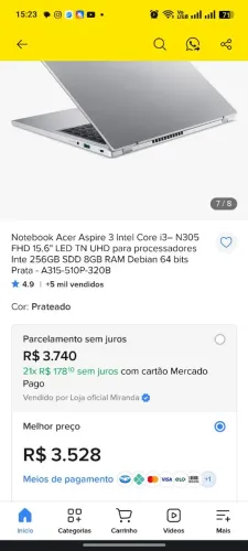 Notebook acer <br>4,8 (1068)<br>Notebook Acer Aspire 3 Intel Core i