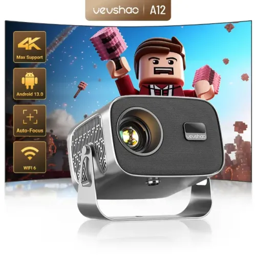 Mini Projetor Portátil VEVSHAO A12, Android 13, Suporte 4K, Wi-Fi 6/BT 5.2, 12x 34,15