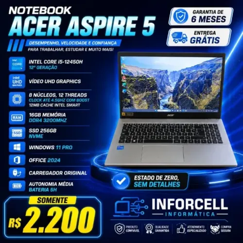 Notebook Acer Aspire Intel Core i5-12450h 16gb Ram Ssd 256gb Tela 15.6