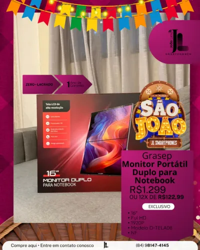 MONITOR GRASEP PORTÁTIL DUPLO PARA NOTEBOOK, 16 POL., LACRADO, EXCLUSIVO!