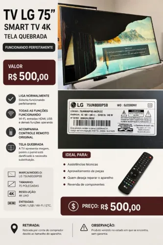 TV LG 75" Smart TV 4K - Para Retirada de Peças ou Reparo