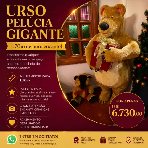 URSO PELÚCIA GIGANTE 1,70m - DECORAÇÃO E ENCANTO!