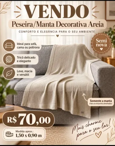 Manta/Peseira de Tricô Areia - 1,50 x 0,90 m