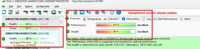 SSD Kingston 240Gb - 88% de Saude.