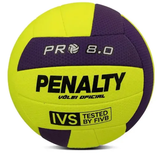 Bola Volei Profissional Penalty Pro 8.0 cor Amarelo/Roxo Laminado Microfibra