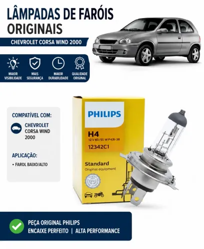 Lâmpadas de Farol Philips H4 Originais Corsa Wind 