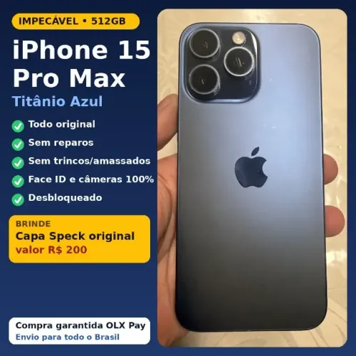 iPhone 15 Pro Max 512GB Titânio Azul Original Sem Reparos + Capa Speck