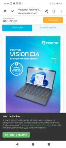 Notebook Intel Vision positivo 8g 128giga 14pol.Novo