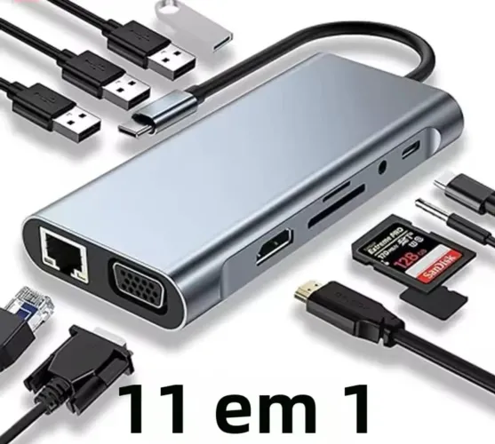 Adaptador multifuncional 11 em 1, HDMI, VGA, Tipo C, USB, RJ45, PD