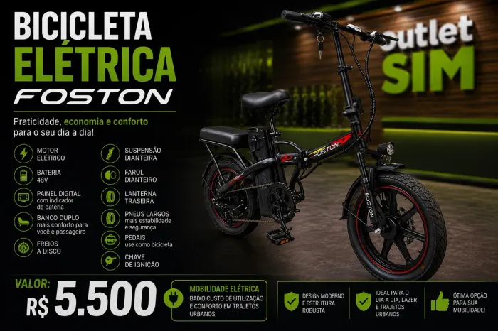 Bike Elétrica Foston 48V com Banco Duplo e Freio a Disco