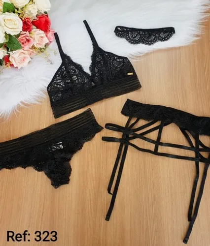 Cj. lingerie calcinha sutiã de renda com cinta liga e venda para os olhos