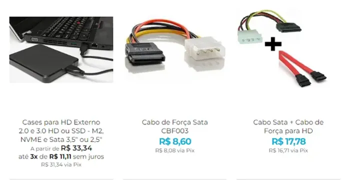 Case para HD Externo, Cabo Sata, Adaptador Molex Sata