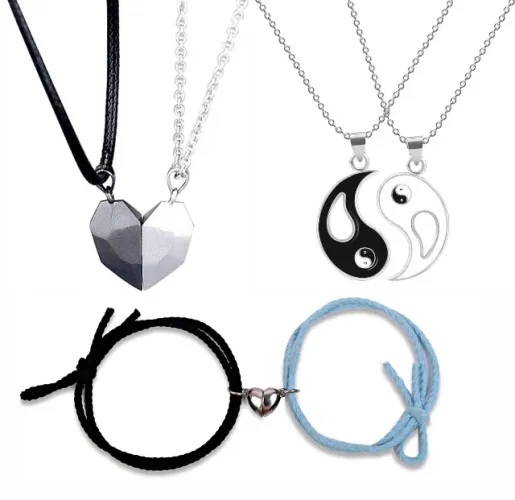 Kit 2 Colar 1 Pulseira - Para Namorados, Casais, Amor, Love, Amigos, Amizade, Yin Yang