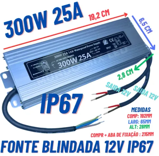 Fonte Blindada 360w/400w 25A 12V IP67