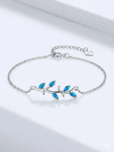 Pulseira Feminina Prata 925 Folhinha com Pedras Azuis Opal - Delicada, Ajustável