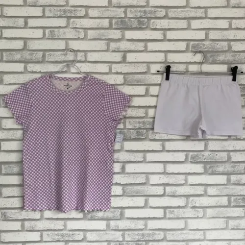 Kit Camiseta Hering Lilás Xadrez + Shorts Branco Malwee Kids Tamanho 16-18