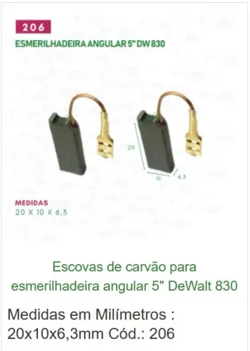 escovas de carvão esmerilhadeira angular 5 dewalt 830 tam 20x10x6,3mm cód 206