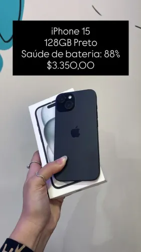 iPhone 15 / 128GB / Preto / Saúde de bateria 88% /R$ 3.350,00