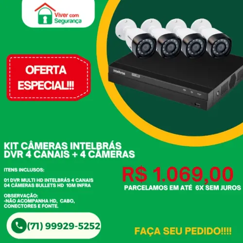 Kit de Câmeras de Segurança Intelbrás HD - DVR 4 Canais + 4 Câmeras Bullet VHD 1010