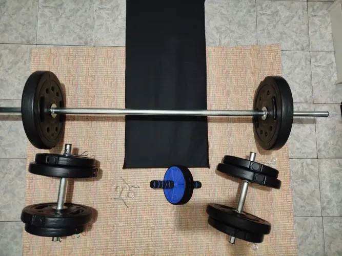 Kit completo Barra Supino + 52Kg anilhas + 6 presilhas + colchonete e rolo abd