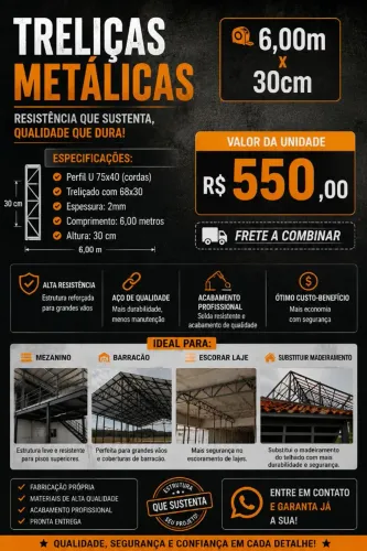 TRELIÇAS METÁLICAS 6,00m x 30cm (pronta entrega)