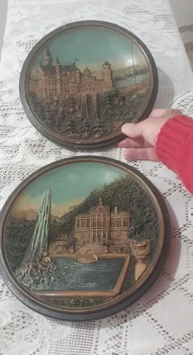 Pratos em relevo, quadro, decoração, sala, coleção, vintage, retrô