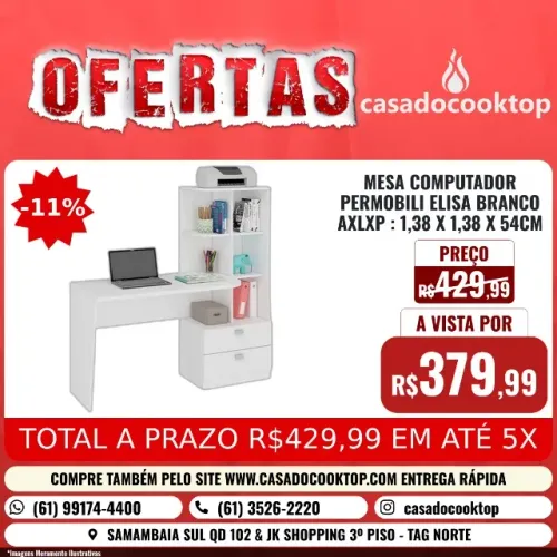 MESA COMPUTADOR PERMOBILI ELISA BRANCO AxLxP .: 1,38 x 1,38 x 54CM