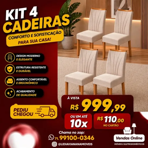 Kit 4 cadeiras frete grátis entrego hoje R$ 999,99 a vista 