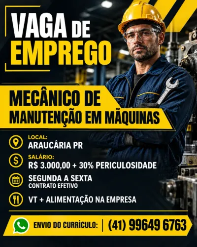 Vaga para mecanico de manutenção em maquinas