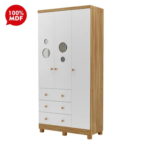 Roupeiro 3 Portas 3 Gavetas Peroba Duda Plus Amêndoa/Branco Brilho<br>