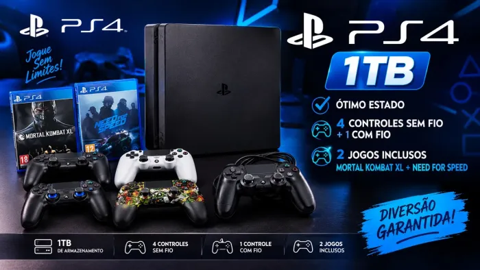 PS4 1TB + 5 Controles + 2 Jogos ? Kit Completo!