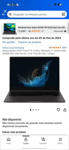 Samsung Galaxy Book2 i5 - Para retirada de peças