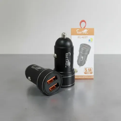 CARREGADOR VEICULAR DE METAL COM 2 PORTAS USB 5.1A ELETROMEX